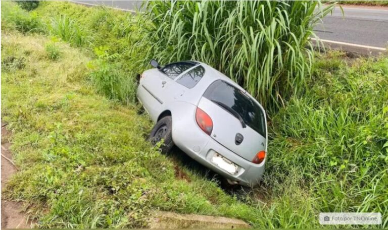 Motorista abandona veículo após carro cair em canaleta na BR-376