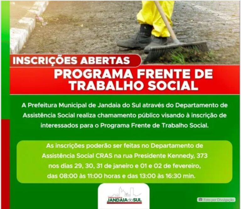 Programa Frente de Trabalho Social abre inscrições em Jandaia do Sul