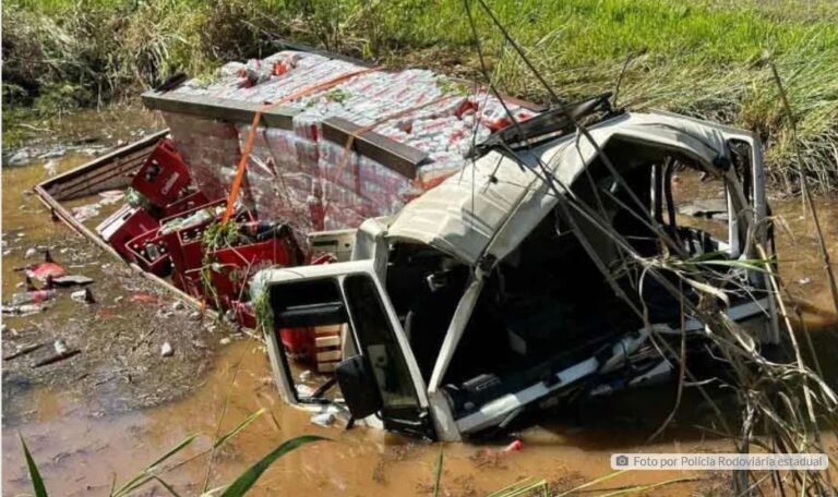 Caminhão carregado de cerveja cai em reservatório de água no Paraná