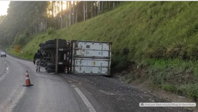 Caminhão carregado com carne de frango tomba na BR-376