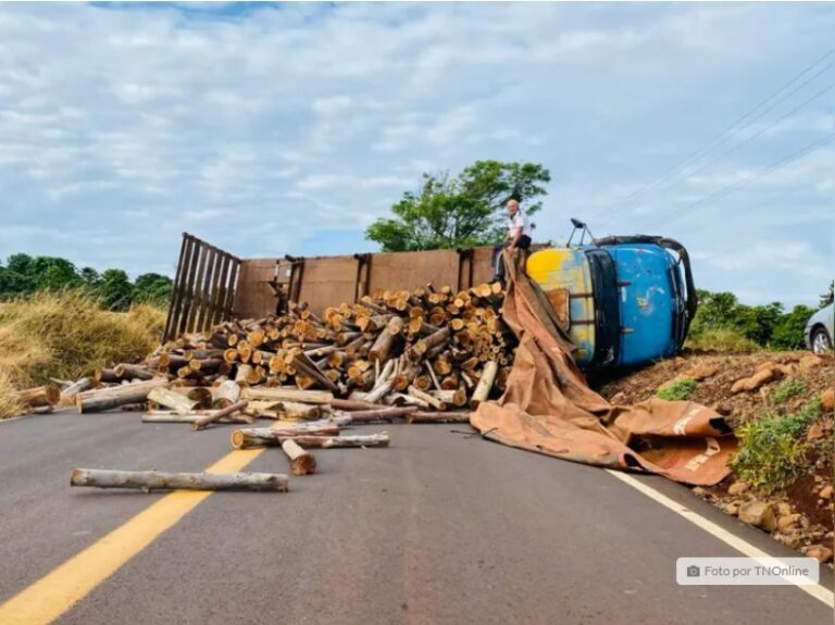 Caminhão carregado com eucalipto tomba e bloqueia rodovia