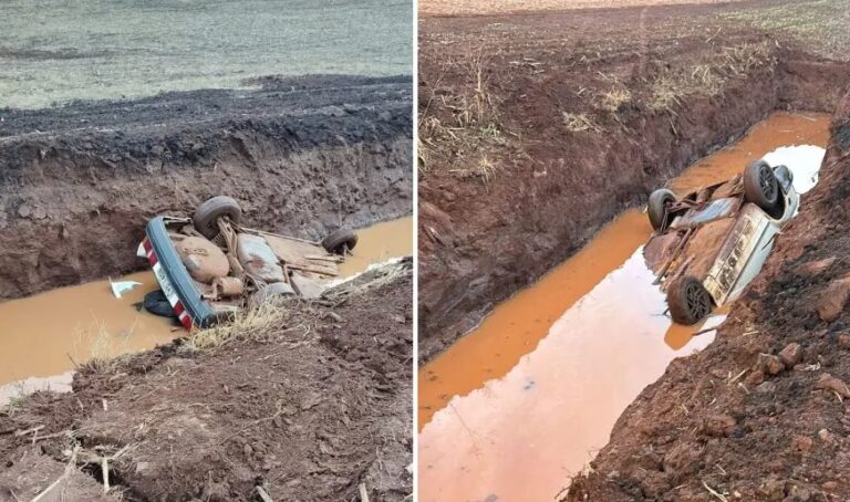 Homem morre afogado após carro capotar, cair em canaleta e ficar com teto submerso no Paraná