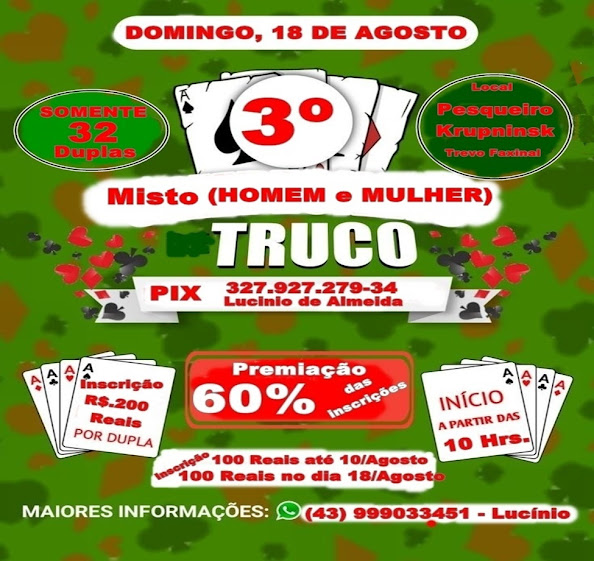 FAXINAL – Torneio de Truco Misto (Homens e Mulheres) no dia 18 de agosto