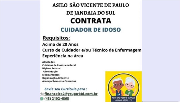 Asilo contrata cuidador de idosos